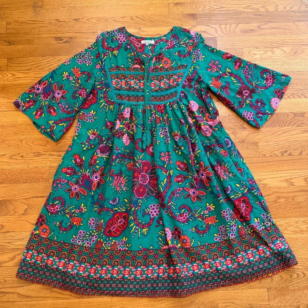 World Market Green Floral Cotton Boho Peasant Dress Tassel Bib L/XL - Picture 3 of 7